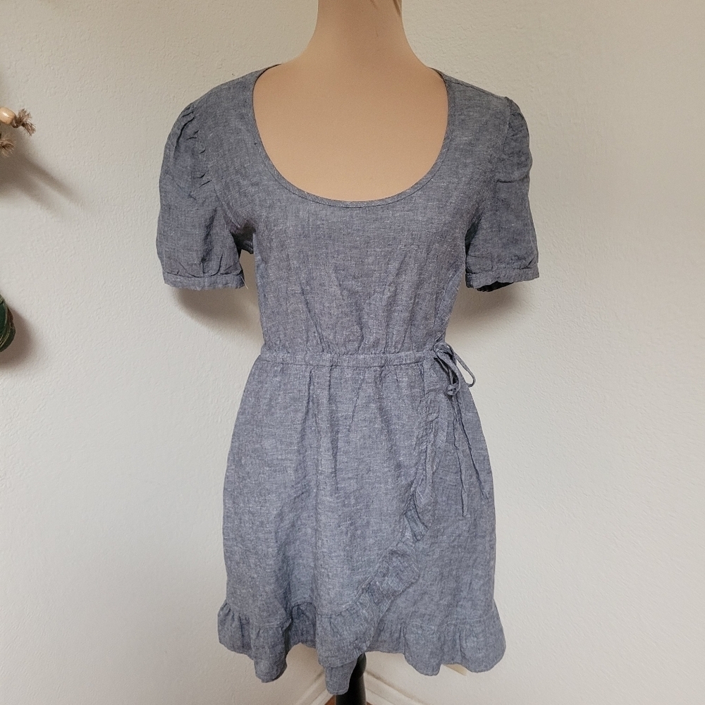 Toad & Co Blue Organic Cotton Scoop Neck Dress with Faux Wrap skirt and Ruffle - Picture 4 of 7
